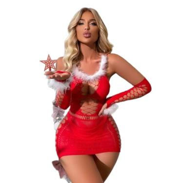 Imagem de Lingerie feminina sexy de Natal com acabamento felpudo fantasia de Sra. Claus Babydoll adulto fofo para presente de Natal