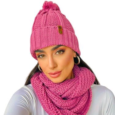 Imagem de Touca pompom feminina de lã e cachecol gola tricot frio kit-Feminino