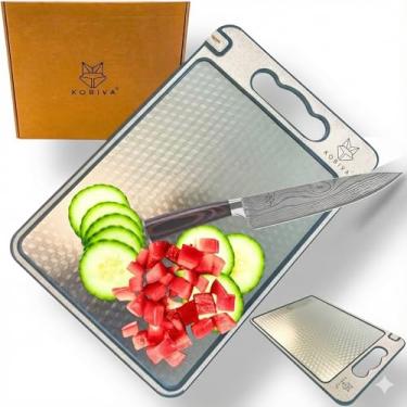 Imagem de Tábua de corte de aço inoxidável 35 x 28 cm | Tábua de corte de metal de grau alimentício 304 com sulco de suco e pés antiderrapantes, superfície não porosa durável e resistente à ferrugem, fácil de