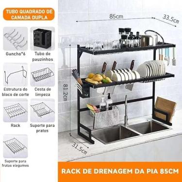 Imagem de Prateleira Sobre Pia 65cm em Aço Inox – Escorredor de Louça 1/2 Camadas com Suporte para Talheres, Tábua e Ganchos | Organizador de Cozinha(Camada dupla 85cm)
