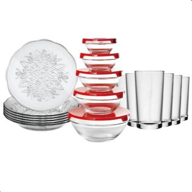 Imagem de Kit Aparelho de Jantar 17 Peças com Potes com Tampa Sortidas – Pratos, Copos e Potes de Vidro | Conjunto Completo, Moderno e Prático para Sua Mesa Posta (ROSAS)
