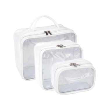 Imagem de Necessaire Impermeável Transparente com Zíper, Azul, PVC, Kit 3 Peças (P 10x7x15cm, M 19x10x19cm, G 20x12x25cm), com Alça (Branco)
