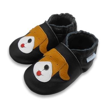 Imagem de Basrakids Sapatos De Bebê Mocassins Couro Para Meninas E Meninos, Pantufas Com Sola Macia Antiderrapante, Leves Bebês Crianças Pequenas, Primeiros Passos (Preto, Cachorro, M)