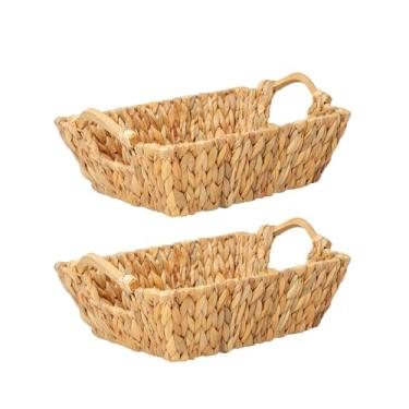 Imagem de Cestas de armazenamento de jacinto de água com alças de madeira para organizar o banheiro, cesta pequena decorativa 38 x 27 x 16 cm - pacote com 2