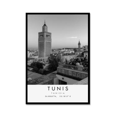 Imagem de Pôster de viagem preto e branco impressão paisagem da cidade do mundo pintura em tela Tunis Wall Art Picture Decoração de casa (16 x 24 polegadas (40 x 60 cm), moldura de metal)