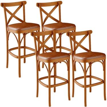 Imagem de Kit 04 Banquetas Altas Cozinha Bancada Bar Sala Jantar Estofada ávila L02 Couríssimo Camel - Lyam