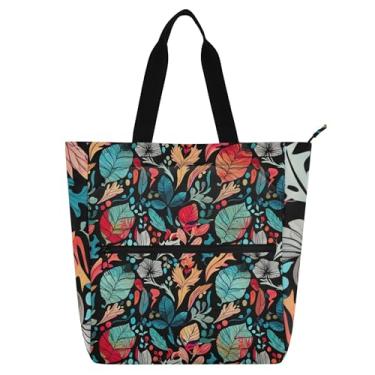 Imagem de Sacola preta com texturas de folhas coloridas bolsa de trabalho feminina de lona escolar bolsa para livros para mulheres e crianças presentes para amantes de livros