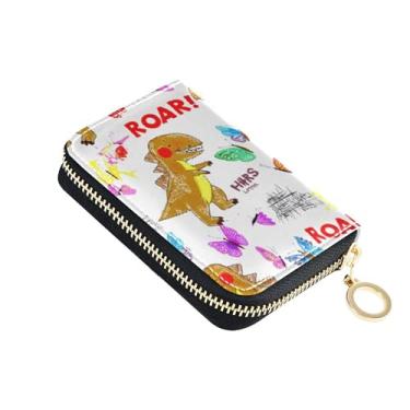 Imagem de Carteira minimalista feminina com zíper e bloqueio de RFID, carteira de cartão de crédito com desenho fofo dinossauro branco com zíper e bolsa para moedas