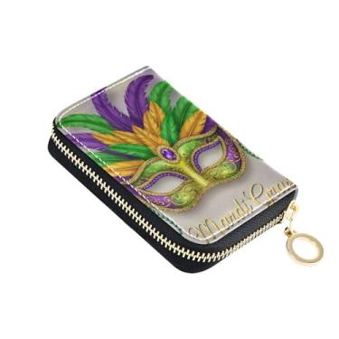 Imagem de Porta-cartões de crédito com bloqueio de RFID carteira feminina de couro com zíper ao redor da carteira masculina com bolso para moedas, máscara de carnaval e penas coloridas