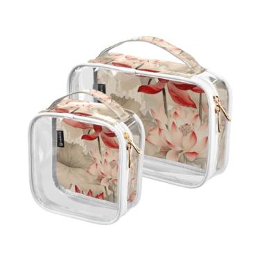 Imagem de GAIGEO Ônibus retrô com estampa de primavera, pacote com 2, bolsa transparente para viagem, bolsas transparentes de maquiagem para viagens, Vermelho bege tricolor premium cinza lótus floral, one size