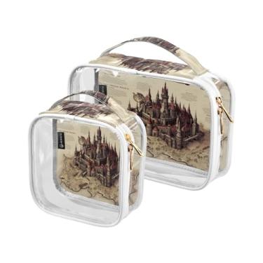 Imagem de GAIGEO Conjunto de bolsa de higiene pessoal transparente de abóbora com folhas e videiras, bolsa de viagem transparente, bolsa de higiene de viagem feminina, pacote com 2, Magic Retro European Castle