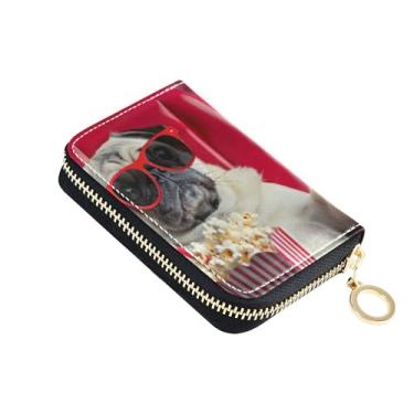 Imagem de Pug Dog Carteira feminina engraçada com zíper em torno de porta-cartões com bloqueio de RFID, pequena bolsa de moedas com zíper com chaveiro