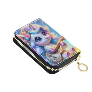 Imagem de Carteira feminina com suporte para cartão de crédito com bloqueio de RFID, zíper ao redor de couro, carteira masculina com bolso para moedas, unicórnio fofo, guitarrista