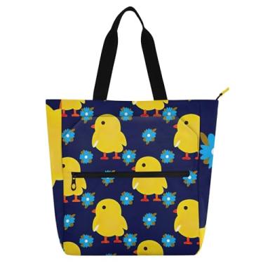 Imagem de GAIGEO Sacola feminina amarela com flores azuis para crianças com zíper bolsa média azul marinho arte floral escola trabalho viagem