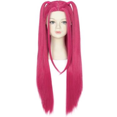 Imagem de Peruca longa reta rosa choque fantasia cosplay com rabos de cavalo para filha festa de Halloween peruca pequena cabeça
