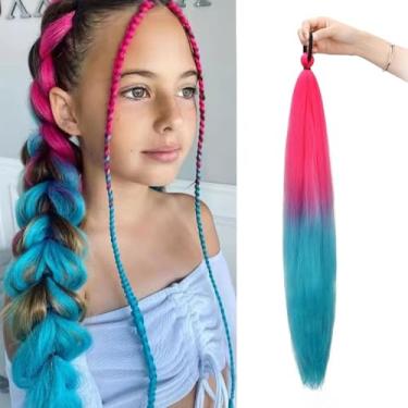 Imagem de 1 peça de extensões de cabelo de rabo de cavalo trançado de Natal para mulheres, rosa azul liso realce extensões de cabelo liso clipe macio em extensões de cabelo humano