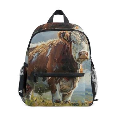 Imagem de GAIGEO Cow Grass Cattle Painting Mini Backpack for Kids with Whistle, 2 Bottle Pockets, Lightweight, Pre School Backpack 10x4x12 In, for Ages 3-8