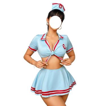 Imagem de ZBQYGO Lingerie sexy de enfermeira para mulheres, uniforme JK sexy, cosplay, roupa azul, minissaia, conjunto de 4 peças (G)