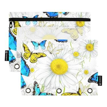 Imagem de Bolsa de lápis para meninas para fichário de 3 anéis, fichário com zíper, estojo para canetas, fichários transparentes, escola, azul, amarelo, borboleta, margaridas, 25 x 18 cm, 2 pacotes