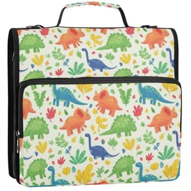 Imagem de Organizador de fichário colorido com zíper de dinossauros e plantas de 3,8 cm, fichários de 3 anéis com alça, bolsa de ensino médio, vários bolsos, pasta grande, 34,5 x 31,5 x 9 cm