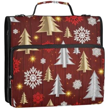Imagem de Organizador de fichário grande com zíper de 3 cm e 3 argolas para árvores de Natal estilizadas para serviço pesado, comporta 500 folhas, bolsa escolar com alça de ombro, 34,5 x 31,5 x 9 cm