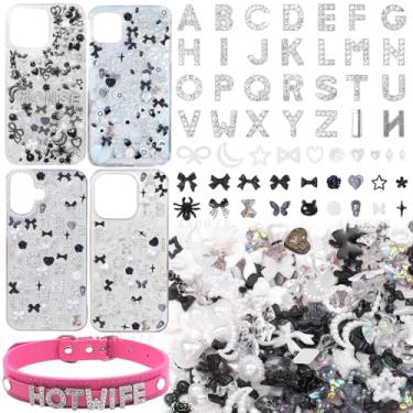 Imagem de 330 peças de amuletos de capa de telefone lixo, 26 peças de berloques de letra do alfabeto de strass A-Z, mistura preto e branco de resina plana laços de flores coração pérolas para artesanato DIY