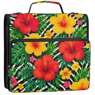 Imagem de Organizador de fichário com zíper e flores de hibisco tropical, 3 anéis de 3,8 cm, bolsa de fichário escolar de negócios com alça de ombro, portfólio e estojo para pasta de anel, 34,5 x 31,5 x 9 cm