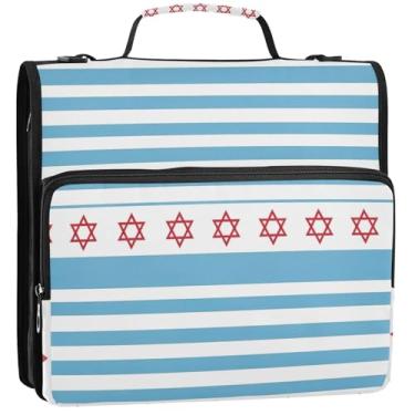 Imagem de Fichários de 3 anéis com listras brancas azuis de 3,8 cm, fichário organizador de zíper com alça bolsa escolar fofa estojo de armazenamento com alça, 34,5 x 31,5 x 9 cm