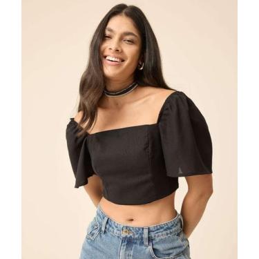 Imagem de Blusa Cropped Feminina Amarração Manga Curta Marisa-87262, Preto, 44