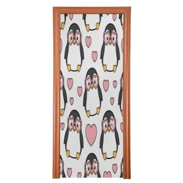 Imagem de ATTX Capa para porta da frente do pinguim dos namorados - decoração de férias de tecido elástico lavável para festas, casa, decoração de porta da frente, 36 x 98 polegadas (727)