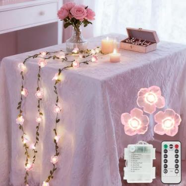 Imagem de suddus Luzes de videira de flor de cerejeira alimentadas por bateria, 40 LEDs, cordão de flores de 12,4 m, com controle remoto de folhas, luz de fada rosa decorativa para quarto, férias, festa
