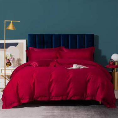 Imagem de Jogo de cama de algodão estilo hotel, cor sólida, macio e sedoso, com capa de edredom, lençol de baixo, fronhas, vermelho, tamanho Queen (200x230cm), 4 peças.