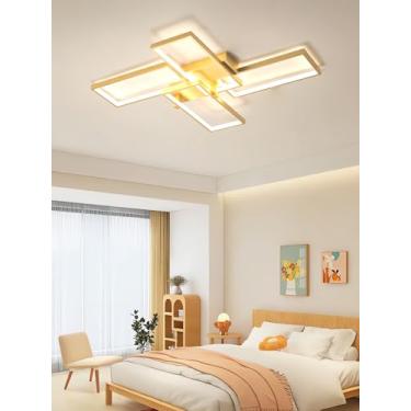 Imagem de Luminária de teto decorativa moderna em LED, estilo nórdico, com intensidade regulável, função de memória e controle remoto para sala de estar, quarto e sala de TV (dourada, 90 cm).