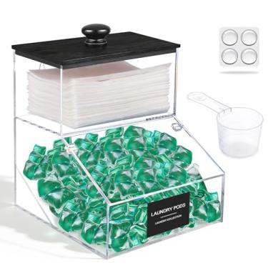 Imagem de Hiitytin Suporte de lençol 2 em 1 para secadora e recipiente para cápsulas de lavanderia, recipiente organizador de detergente para roupas com tampa, recipientes de armazenamento de acrílico com