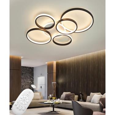 Imagem de Luminária de teto LED moderna e regulável para sala de estar, com controle remoto, formato redondo, ideal para quarto, sala de jantar e escritório. Multifuncional, nas cores preto e dourado.