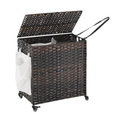Imagem de Cesto de roupa suja com rodas, 150 L, cesto de roupa suja com tampa, forro grande removível de 2 cores e 3 sacos de roupa de malha, cesto de roupas com bolso lateral, marrom