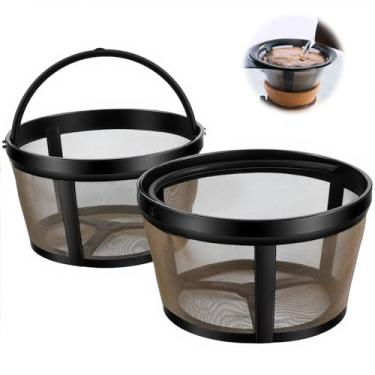 Imagem de 2 peças de substituição de filtro de café de malha reutilizável para cafeteiras de 4 a 5 xícaras, cesta de filtro de café dourada com alça compatível com a maioria das cervejeiras estilo cesta de 4 a