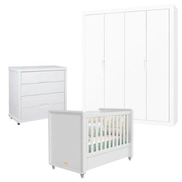 Imagem de Quarto de Bebê 4 Portas Tutto New com Cômoda Gaveteiro Branco Acetinad