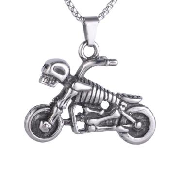 Imagem de Colar masculino retrô hip hop punk rock crânio motociclista, aço inoxidável 316l, corrente quadrada de pérola de aço inoxidável prata, joia talismã personalizada