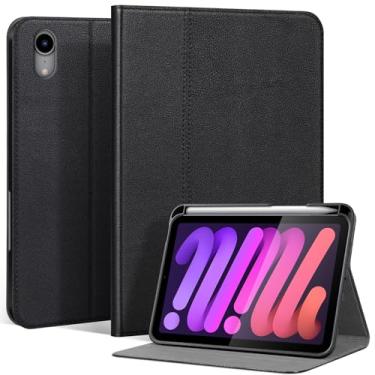 Imagem de XFYKJIN Capa de couro genuíno para iPad mini 7 (A17 Pro) 2024 iPad mini 6ª geração 2021 com suporte para lápis, capa protetora à prova de choque inteligente com suporte ajustável - Auto despertar