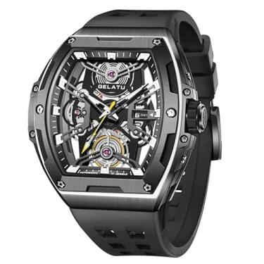 Imagem de OLEVS Relógio masculino automático com esqueleto de diamante, corda automática, mecânico, original, luxuoso, cristal de safira, à prova d'água, relógio de pulso masculino, G6012: pulseira preta e