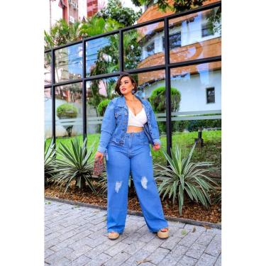 Imagem de Calça Jeans Feminina  Plus Size Wideleg Destroyed Cintura Alta 