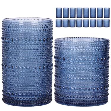 Imagem de Moretoes Conjunto de 16 copos de bebida Hobnail Highball de 340 g e copos de coquetel de 293 ml, copos de vidro Boho em relevo transparente para bar de cozinha, conjunto de copos para uísque, cerveja
