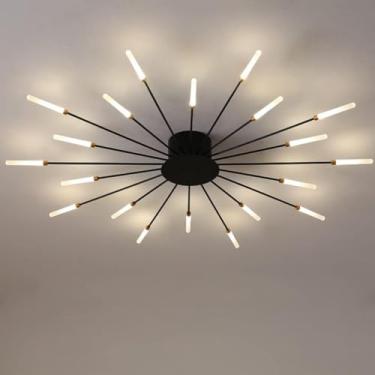 Imagem de Luminária de teto LED criativa com fogos de artifício, moderna e dimerizável, com 42 chamas, temperatura de cor de 3000 a 6000K, controle remoto, ideal para quarto, sala de estar e sala de j