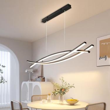 Imagem de Luminária pendente LED regulável para sala de estar, luminária pendente moderna para mesa de jantar com controle remoto, design ondulado, altura ajustável, iluminação interna (preta, 120 cm