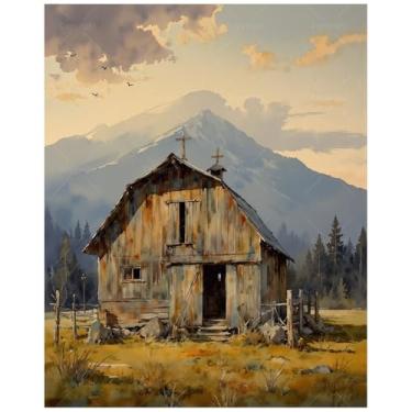 Imagem de Kit de pintura de fazenda por números para adultos - celeiro rústico DIY com pintura de montanhas em tela, conjunto de tinta acrílica, adequado para iniciantes, arte para decoração de casa ou