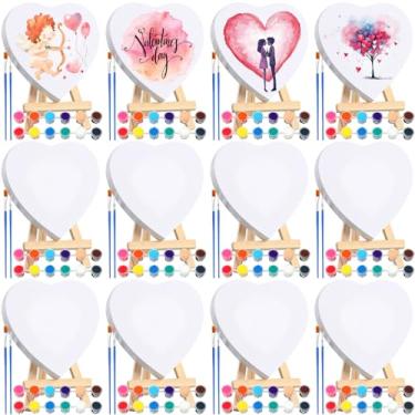 Imagem de Zubebe Conjunto de 12 mini kit de pintura em tela, presentes de dia dos namorados, tela de 10 x 10 cm com cavalete de madeira, pincel de paleta de aquarela de 12 cores para presente de dia dos