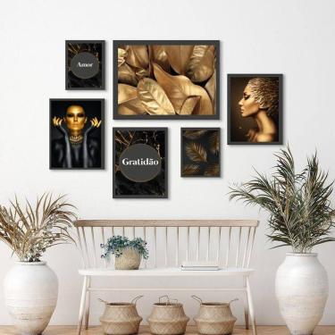 Imagem de Kit 6 Quadros Pretos com Dourados Mármore - Vidro