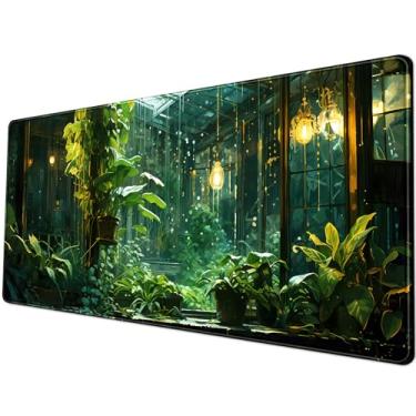 Imagem de ROMING Tapete de mesa de estética vegetal verde grande mousepad 80 cm x 29 cm dia chuvoso estufa aconchegante almofada de mesa bonito gamer grande mousepad XL teclado mouse tapete presente para