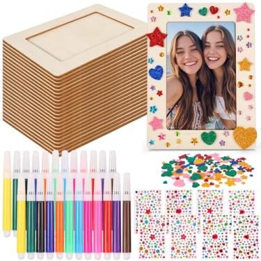 Imagem de Pacote com 24 molduras para quadros, kit de artesanato para fotos de 10 x 15 cm, molduras de madeira faça-você-mesmo, molduras inacabadas com 24 canetas coloridas de pintura, 8 adesivos de diamante de